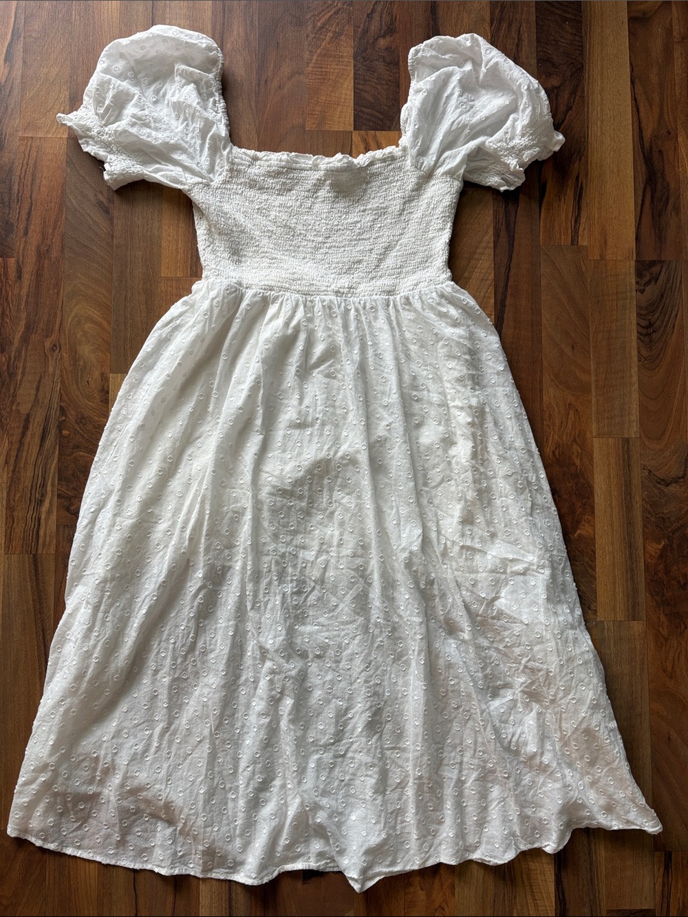 R.YIPOSHA Woman’s XL White Eyelet Puff-Sleeve Midi Dress with Smocked Bodice